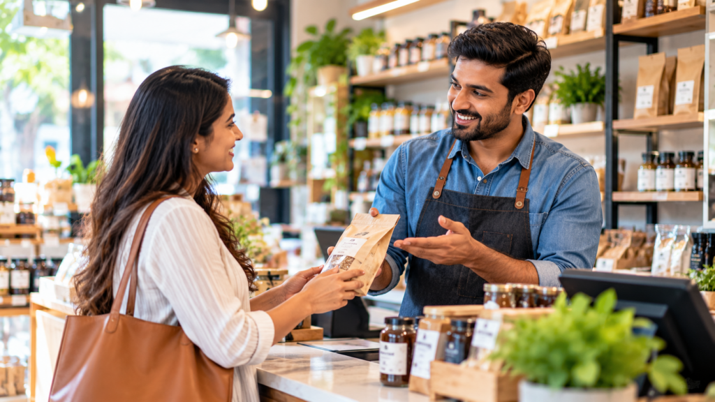 Local shop owner helping a customer discover products