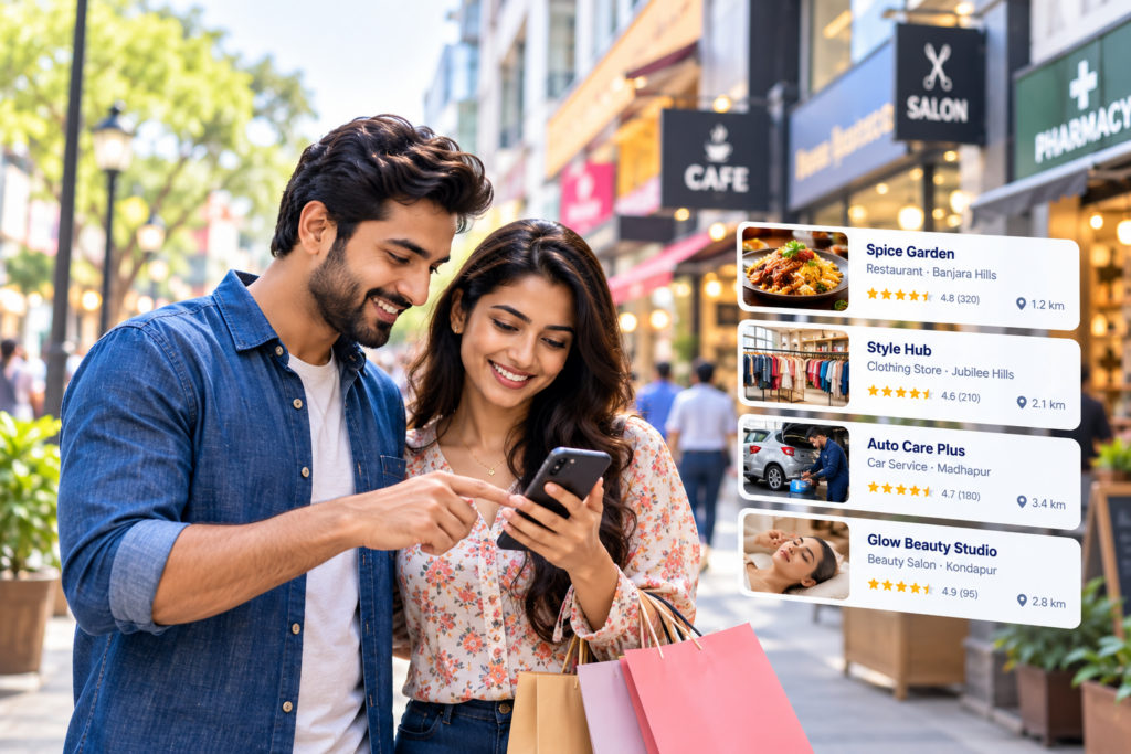 Customers discovering local businesses through a business directory